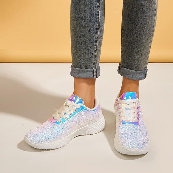 Brand New Women White Rubber LUCKY STEP Glitter Sparkly Metallic Tennis Shoes - Picture 7 of 9